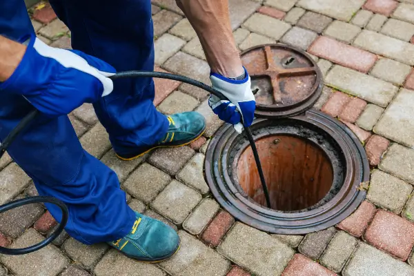 A RJ Plumbing employee cleaning out a sewer line with a snake.