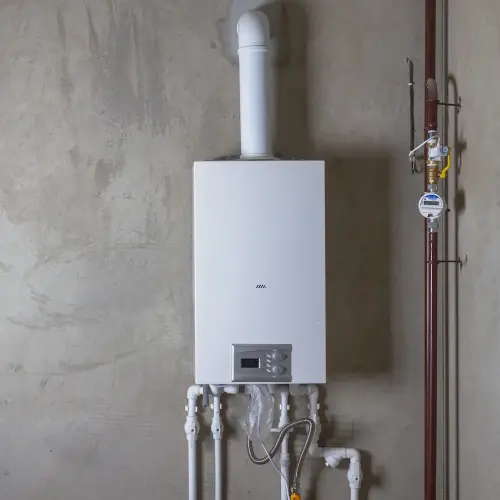 A wall-mounted tankless water heater with white PVC piping. Call RJ Plumbing Services to find out if your plumbing can be upgraded to a modern tankless water heater.