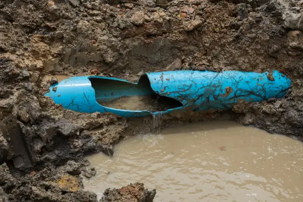 cracked plumbing main line outside home in